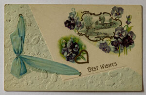 Postcard #0030: Best Wishes with Pansies and a Midwest Farm Scene