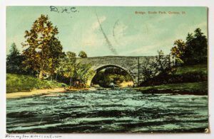 Postcard #0064: stone arch bridge over a stream in South Park, Quincy, IL — Dora C to Pearl, June 1908