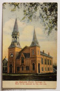 Postcard #1086: Old Methodist Church, Burlington, IA — Pearl to Pearl, July 1909