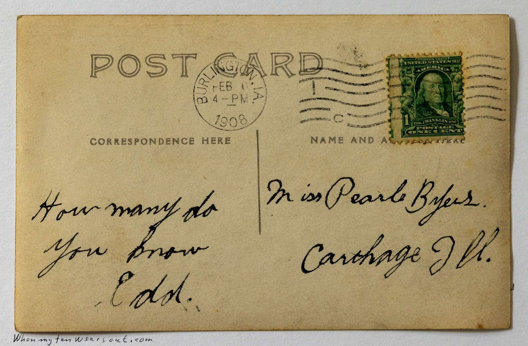 The back of a divided postcard featuring a Burlington, Iowa postmark dated February 4, 1908, a one-cent green Benjamin Franklin stamp, and a handwritten message in cursive reading