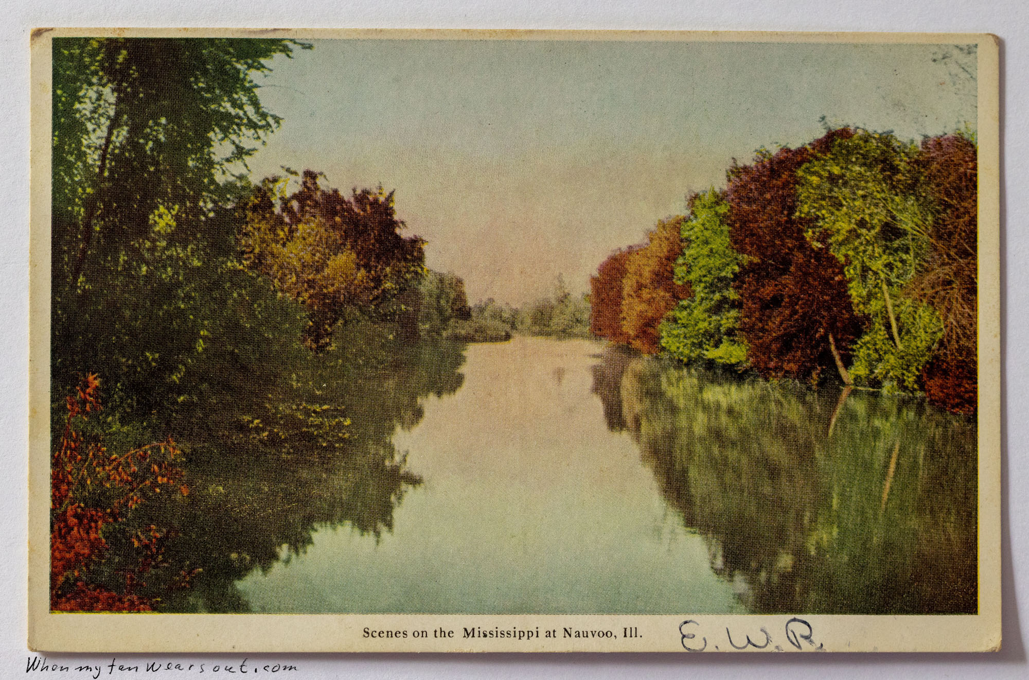 Hand-colored postcard depicting the Mississippi River at Nauvoo, Illinois, with lush green and autumnal trees lining both banks under a soft, hazy sky.