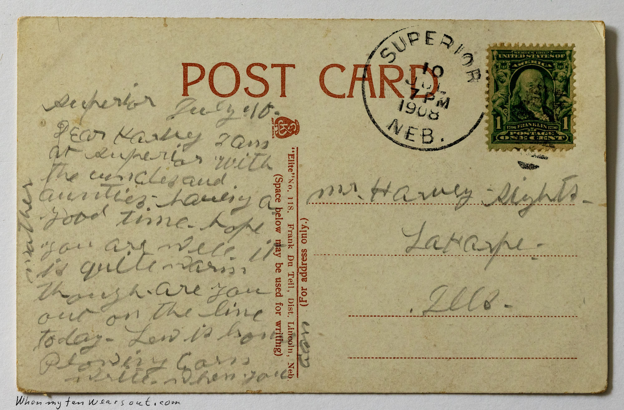 Handwritten postcard message from Carrie to Harvey Sights, postmarked Superior, Nebraska, July 22, 1908, with a one-cent Benjamin Franklin stamp. The message asks about Harvey's well-being and whether he's