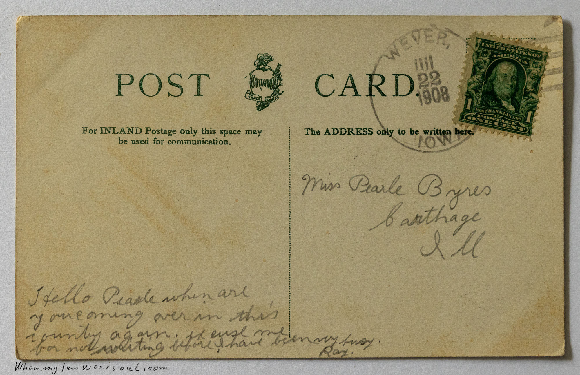 The reverse side of a 1908 divided-back postcard, postmarked