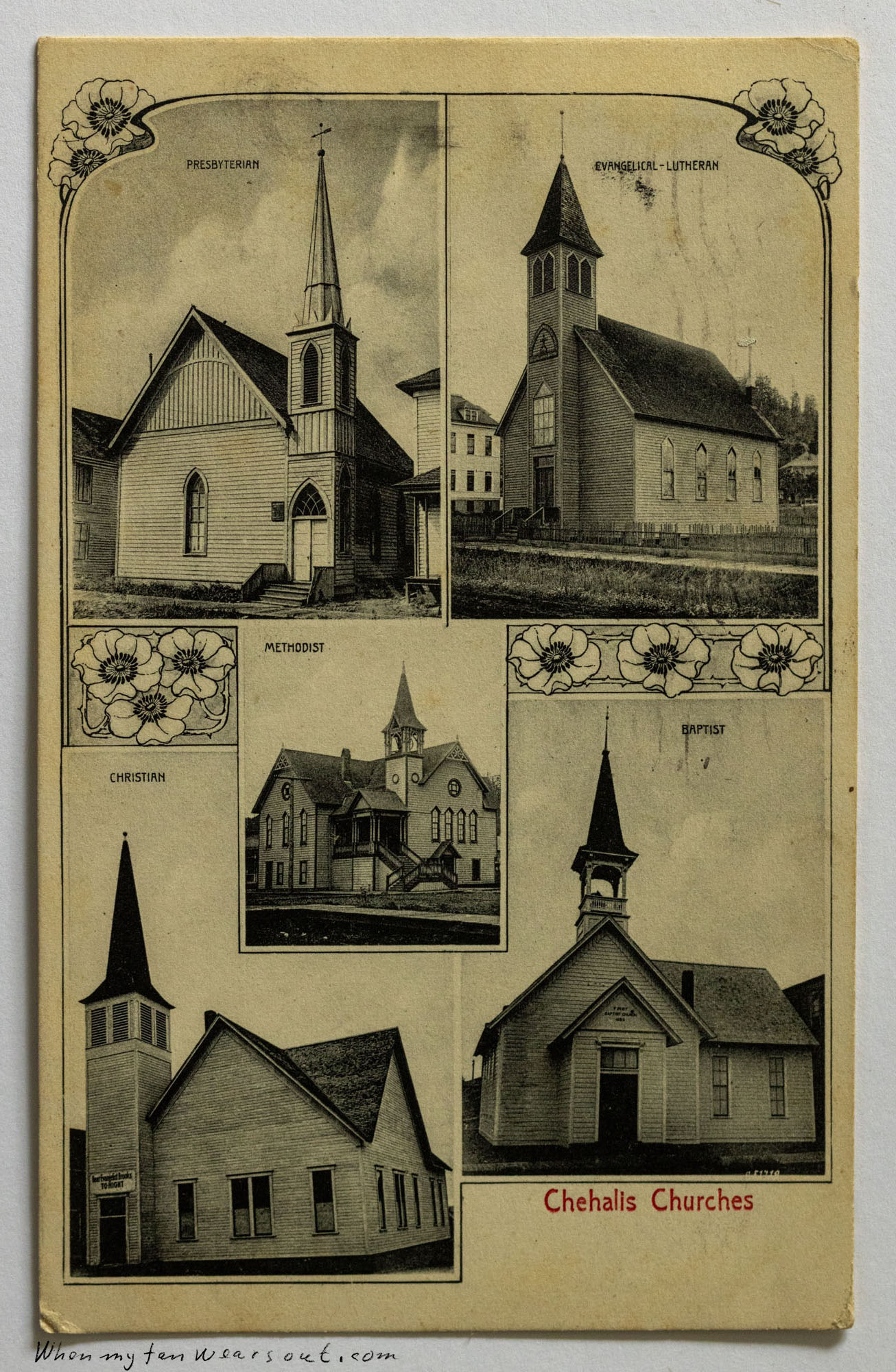 Vintage multi-panel postcard depicting five different church buildings in Chehalis, Washington, with decorative floral borders. The churches include Presbyterian, Evangelical-Lutheran, Methodist, Christian, and Baptist, each shown with their distinct architectural styles.