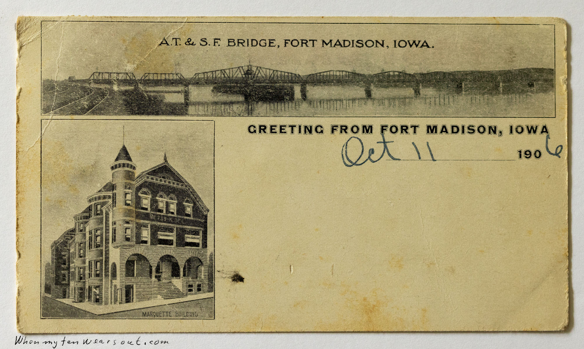Front of postcard #0079: Black and white multi-view postcard featuring two illustrations of Fort Madison, Iowa. The top illustration shows a long
