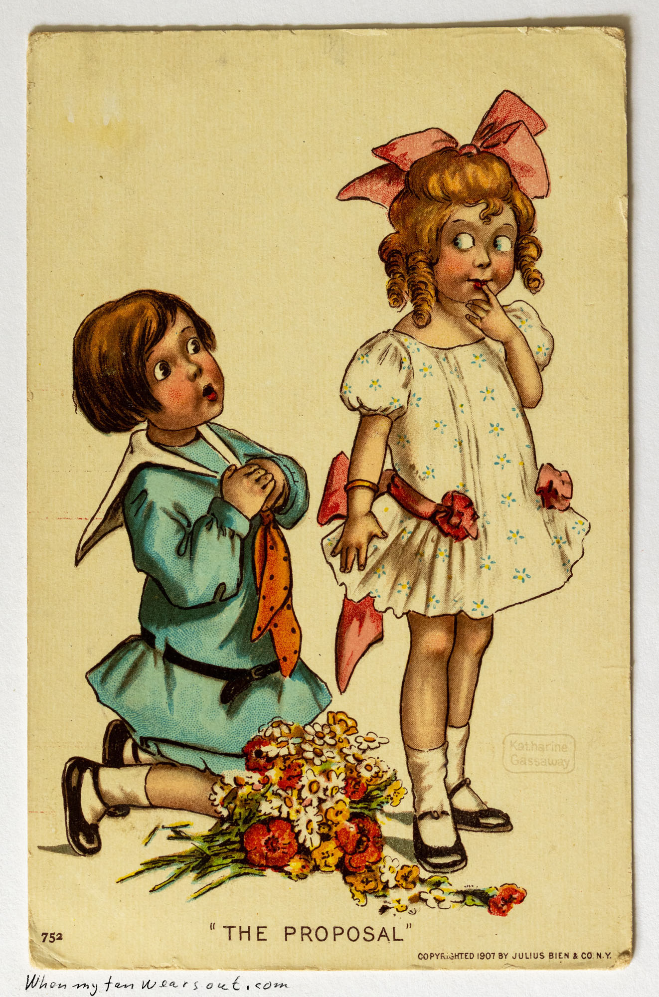 Front of postcard #0093: Illustration by Katharine Gassaway depicting a young boy in a blue sailor suit kneeling in front of a young girl in a wh