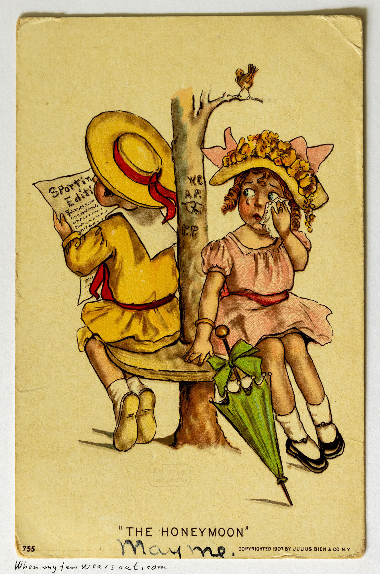 Front of postcard #0094: Illustration of a young boy and girl sitting back-to-back on a circular bench around a tree trunk. The boy on the left w