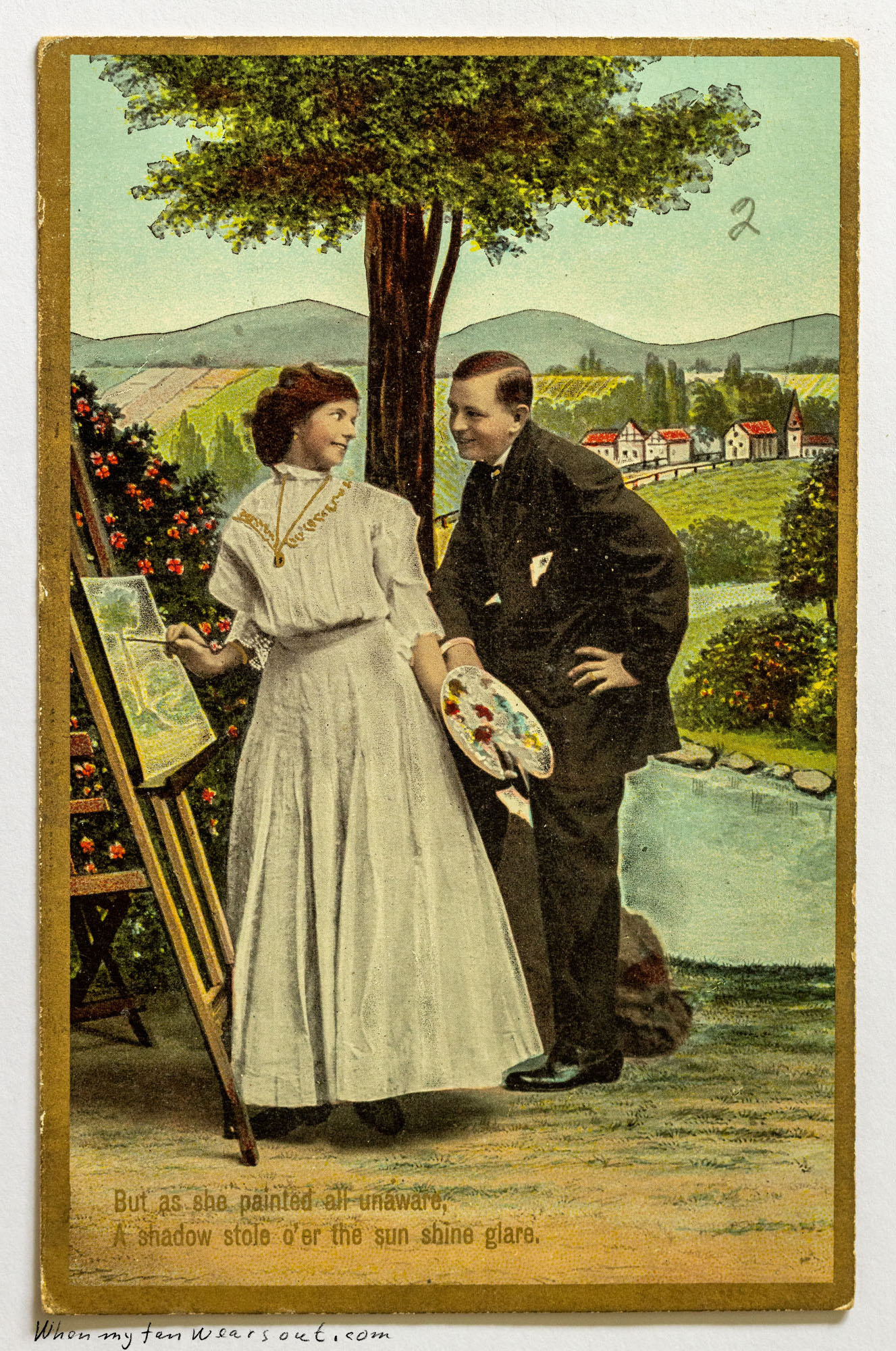 Front of postcard #0095: Painting scene of a young woman in a white dress standing by an easel and a man in a black suit standing next to her hol