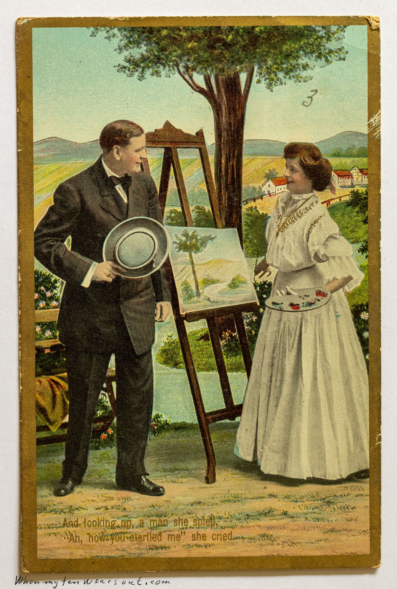 Front of postcard #0096: Color illustration depicting a well-dressed man in a dark suit tipping his hat to a woman in a white dress who is painti