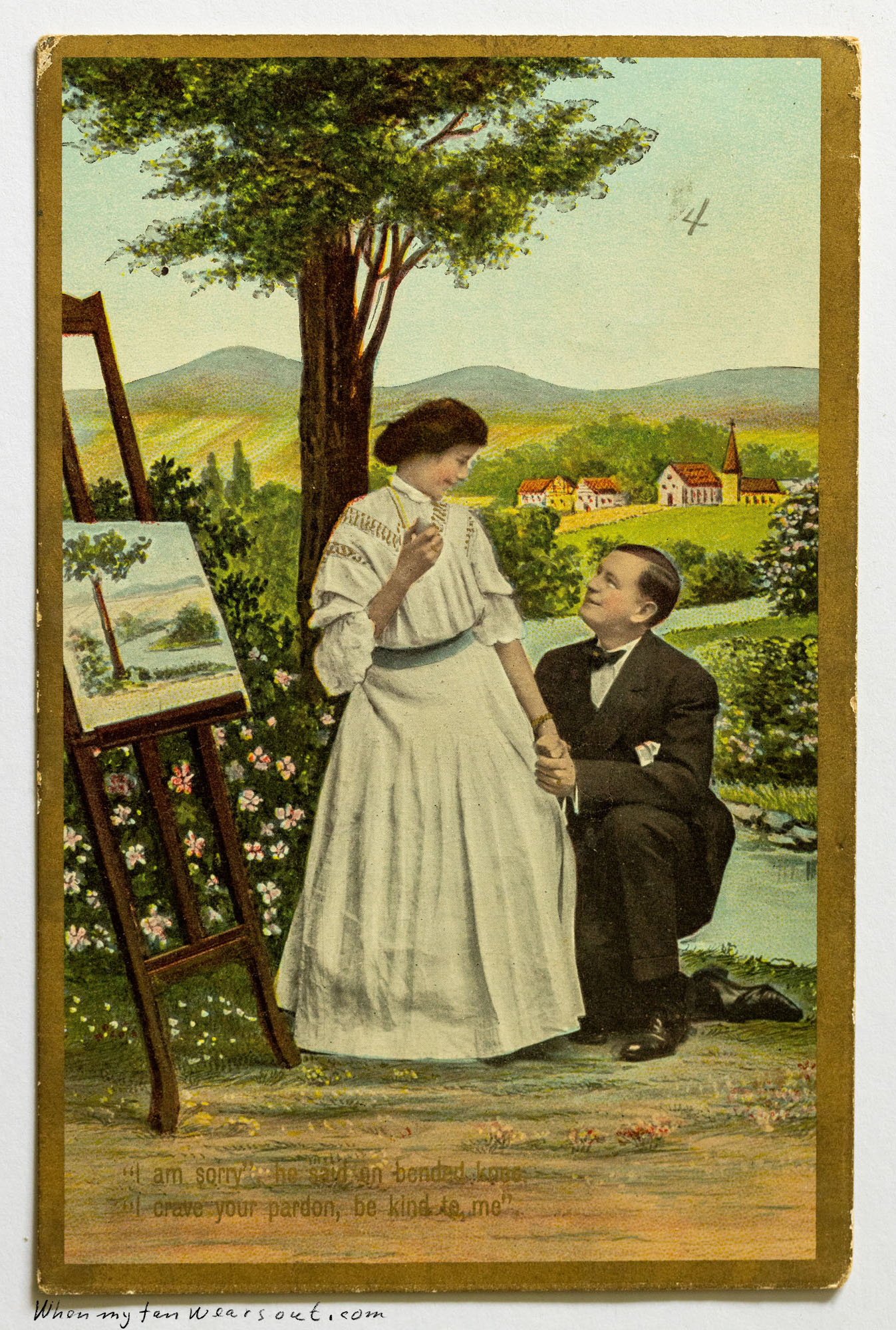Front of postcard #0097: Color illustration of a romantic scene showing a man in a black suit kneeling before a woman in a long white dress, hold