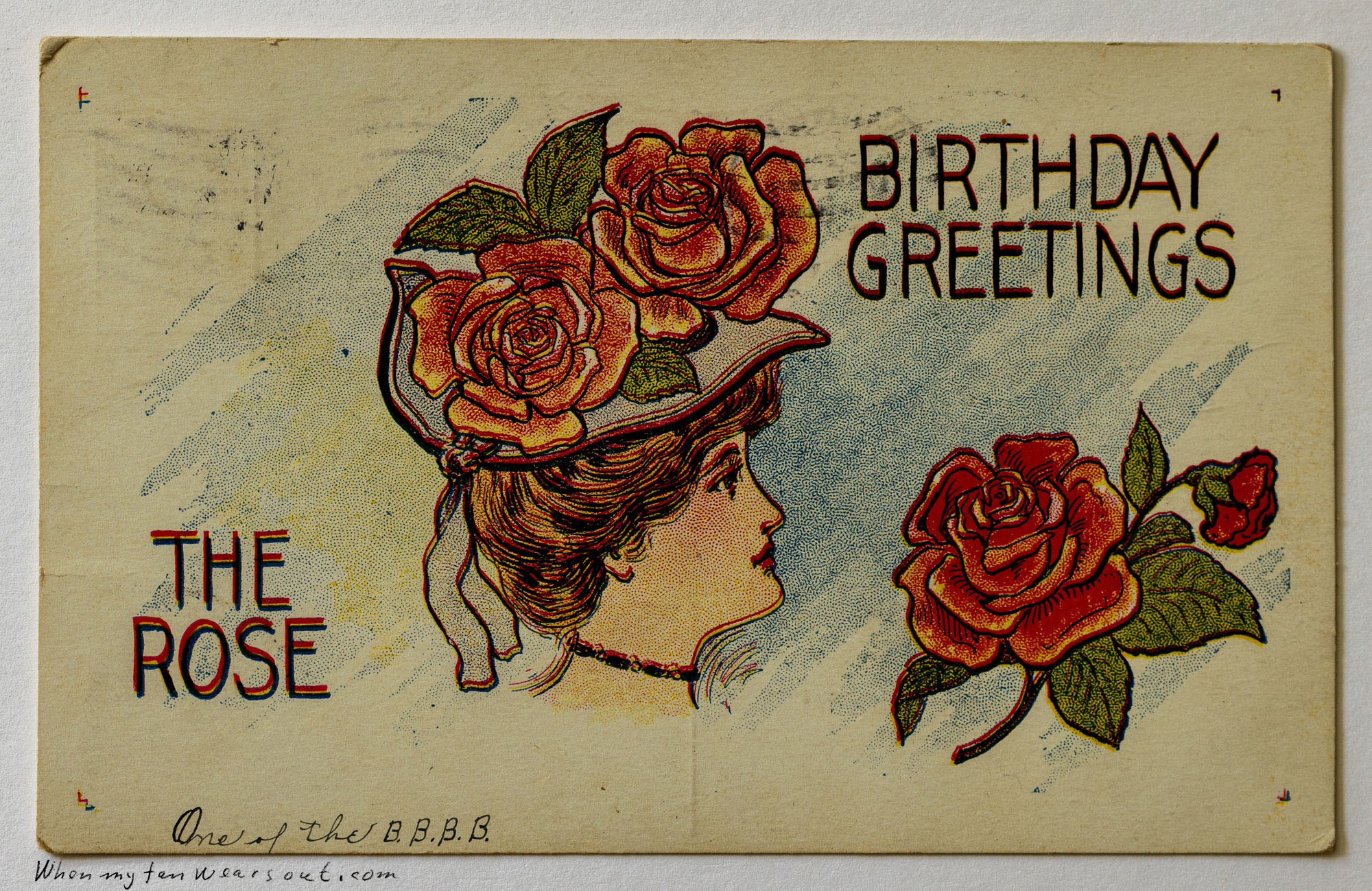 Vintage colorized postcard from 1907, featuring an illustration of a woman in profile wearing a large hat adorned with red and pink roses and green leaves. To the left, the text